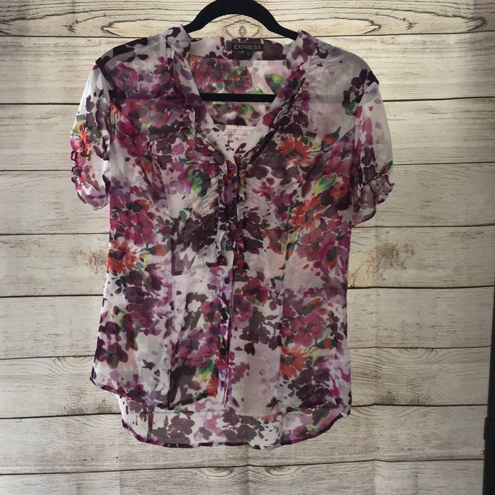 Express Watercolor Floral Button Down Blouse